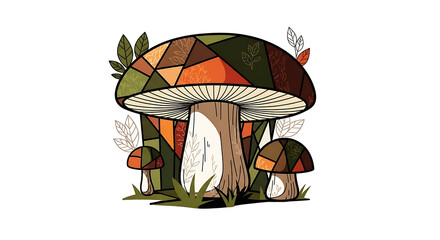 Geometric Autumn Fungi Quilt Patchwork Illustration