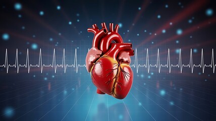 Futuristic Heart Health Concept with Digital 3D Human Heart Model and Medical Technology Background