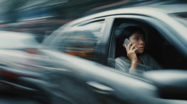 Side view through car window, Asian driver distracted by mobile phone, ignoring traffic, reckless driving, motion blur on background, photojournalism style, natural daylight, Canon EOS R5 style