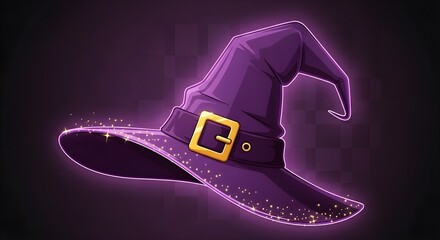 Glowing Purple Witch Hat with Golden Buckle and Sparkles