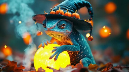 Whimsical chameleon in a pointed witch hat interacts with a glowing orb amid foggy autumn woods, twinkling lights and colorful leaves in a cute Halloween fantasy scene - Powered by Adobe