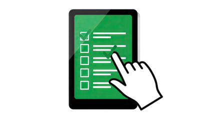 Hand interacting with a digital checklist on a tablet device in a modern setting