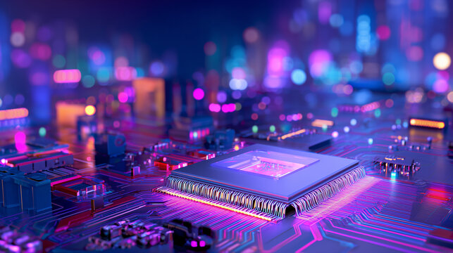 A detailed microchip rests on a circuit board, illuminated by colorful lights that create a futuristic atmosphere. The scene captures the blending of technology and artistry