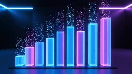 Vibrant digital bar graph visualization showcases growth through increasing data trends, illuminated by glowing blue and pink neon lights against dark background, enhancing modern statistics - Powered by Adobe