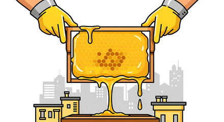 Golden Honey Harvest Over City Skyline Urban Beekeeping Art