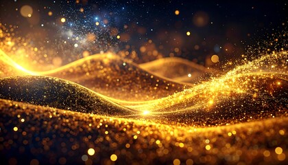 An abstract, radiant composition of golden, undulating waves and sparkling particles, reminiscent of cosmic dust and starlight. The scene has a bokeh effect