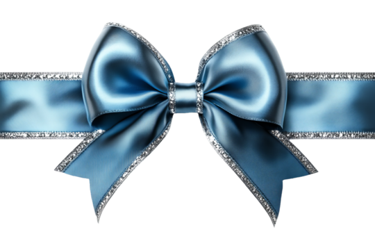 Blue Satin Ribbon Bow with Silver Edges isolated on transparent background