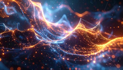 An abstract depiction of energy flow, with luminous orange and blue lines forming dynamic shapes, particles scattered, creating a sense of movement