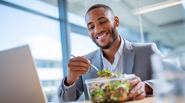 Happy man eating healthy salad for office lunch - Powered by Adobe