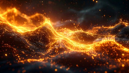 An abstract depiction of energy, resembling fiery waves or landscapes, with glowing particles against a dark background