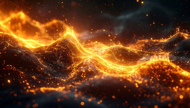 An abstract depiction of energy, resembling fiery waves or landscapes, with glowing particles against a dark background