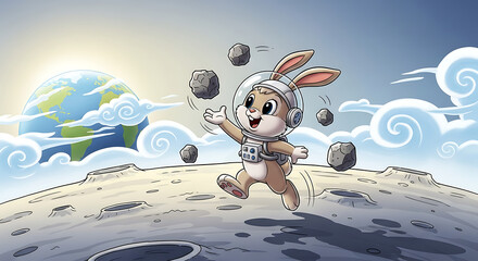 Happy Lunar Bunny Astronaut Juggling Rocks Cartoon Illustration