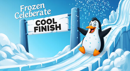 Happy Penguin Achieves Cool Finish on Icy Winter Slide