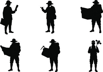 Explorer Silhouette Set Featuring Adventurers with Maps, Pickaxes, Flags, and Satchels in Navigation and Discovery Poses