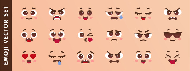 Emojis characters emoticon set. Emoji character like happy, sad, scary, angry, funny, cute, joyful, cheerful, smiling and wearing sunglasses isolated on background. Vector illustration