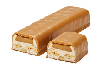 Isolated chocolate nougat candy bar with peanuts and caramel, delicious sweet dessert treat