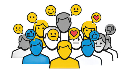 Colorful illustration of diverse people sharing emotions through icons