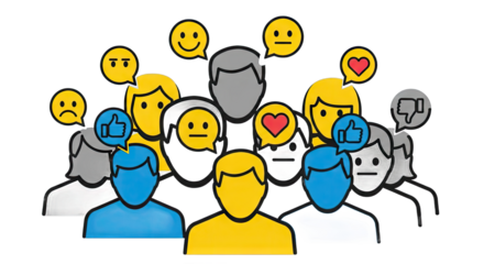 Colorful illustration of diverse people sharing emotions through icons