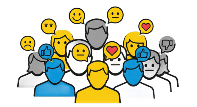 Colorful illustration of diverse people sharing emotions through icons