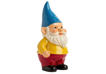 Isolated garden gnome with blue hat and red pants, vintage ceramic figurine, kitsch