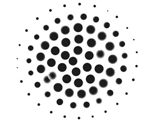 An abstract design featuring a circle composed of many black dots of varying sizes arranged on a white background
