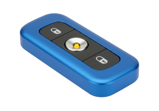 Isolated blue car key fob with buttons for remote door unlock, security and start function
