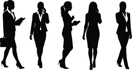 Businesswoman Silhouette Set in Professional Attire with Briefcases, Phones, Clipboards, and Confident Poses in Office Scenes