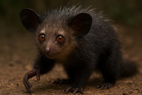 close-up of an aye-aye lemur with large amber eyes and thin claw on forest floor
