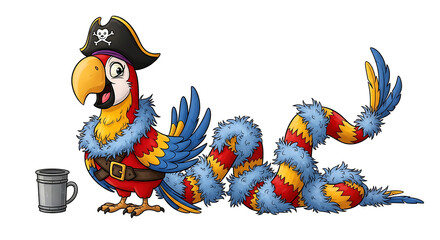 Jolly feathered serpentine pirate macaw character
