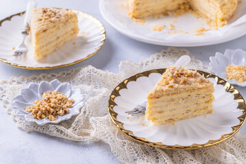 Napoleon cake - puff pastry cake layered with vanilla cream