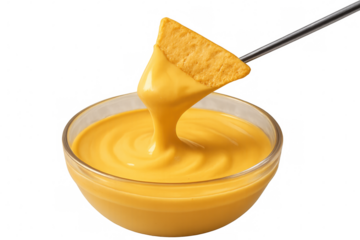 Tortilla chip covered in gooey melted cheese, slowly dripping into a glass bowl of cheese dip, creating a delicious fondue