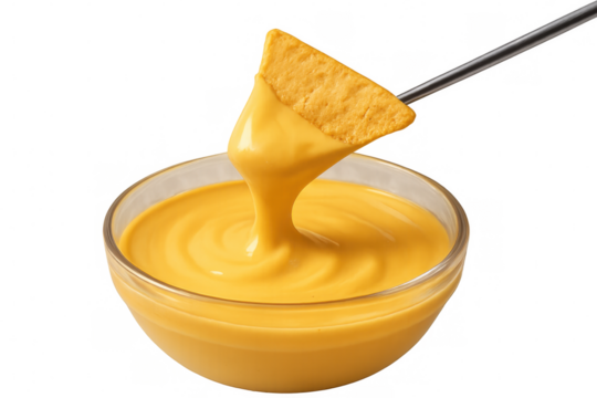 Tortilla chip covered in gooey melted cheese, slowly dripping into a glass bowl of cheese dip, creating a delicious fondue