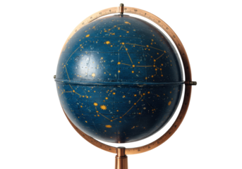 Isolated antique celestial globe with constellations on stand, navigational tool, vintage