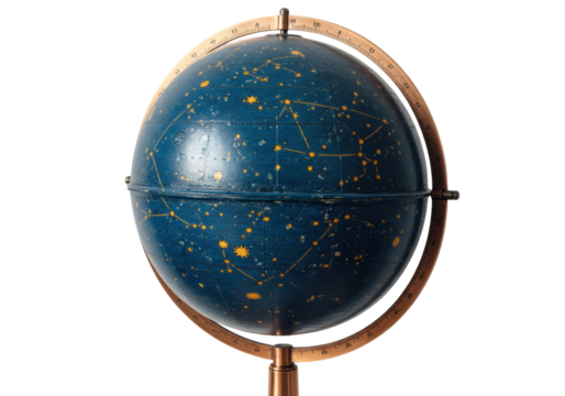 Isolated antique celestial globe with constellations on stand, navigational tool, vintage
