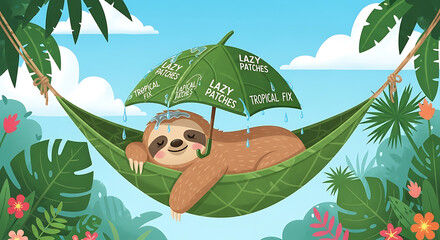 Lazy Sloth Napping in Tropical Jungle Hammock Illustration