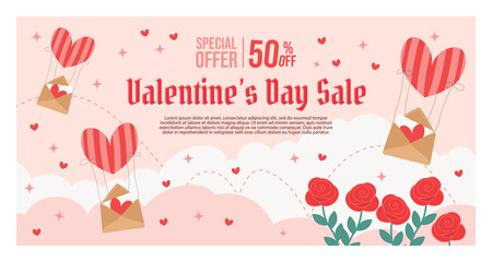Valentine's Day Sale Banner. Heart Balloons with Love Letters, Special Offer