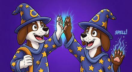 Magical Wizard Dog Paw Five Teamwork Victory Spell Casting