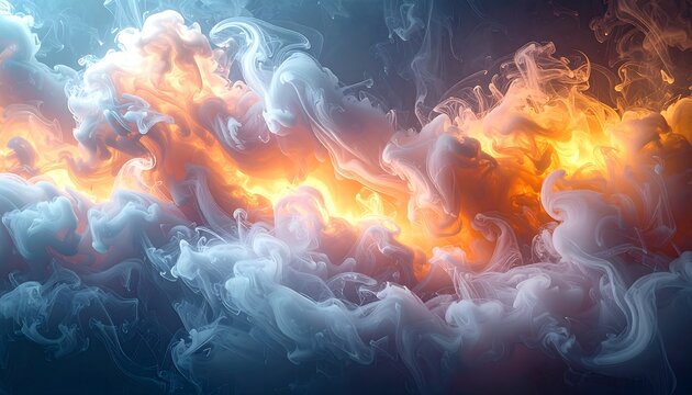 An abstract depiction featuring swirling clouds of smoke and fiery orange light. The contrast of cold and warm hues is striking