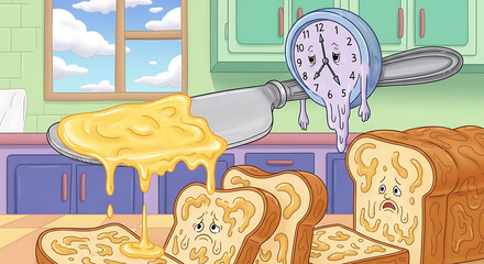 Melting Clock Butter Smothering Distressed Cartoon Bread