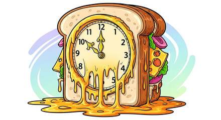 Melting Clock Sandwich Surreal Lunch Time Vector Illustration