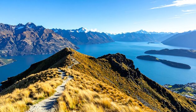Aerial panorama of a mountain ridge with a hiking trail, overlooking a vast blue lake. Snow-capped mountains are in the distance