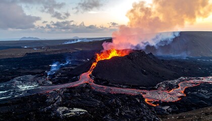 An aerial shot captures an active volcano spewing hot lava. The fiery eruption illuminates the dark terrain, with steam clouds