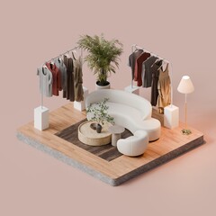 Isometric Clothing Store Display with Mannequins and Fashion Racks - 3D Render