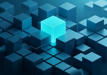 Glowing blue cube stands out amidst digital grid of abstract geometric shapes