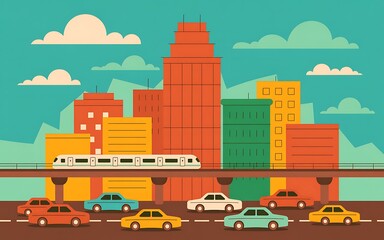 Colorful cityscape with buildings cars and train under a cloudy sky