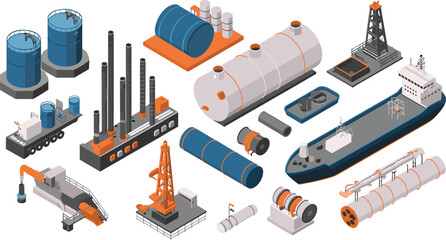 Isometric 3D illustration of oil and gas industry equipment, storage tanks, pipelines, ships, drilling rigs, and refinery components design