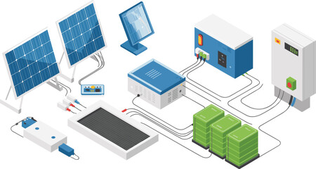 Isometric 3D illustration of solar power system with panels, batteries, inverters, and energy control units for renewable electricity generation
