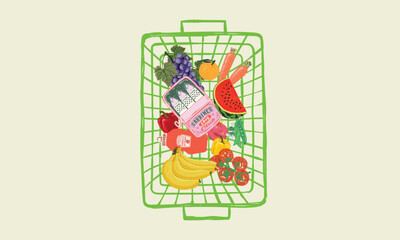 Many fruit in basket. Modern art design. Grocery item. Grape, watermelon, carrot, capsicum, tomato, orange, banana and sardine artwork. Plastic shopping basket graphic design.