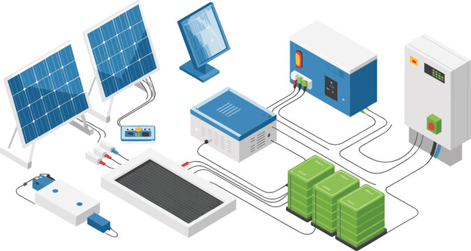 Isometric 3D illustration of solar power system with panels, batteries, inverters, and energy control units for renewable electricity generation