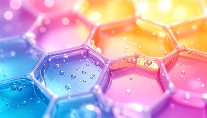 Abstract close-up of a hexagonal pattern, composed of gradient colors with light and transparent bubbles